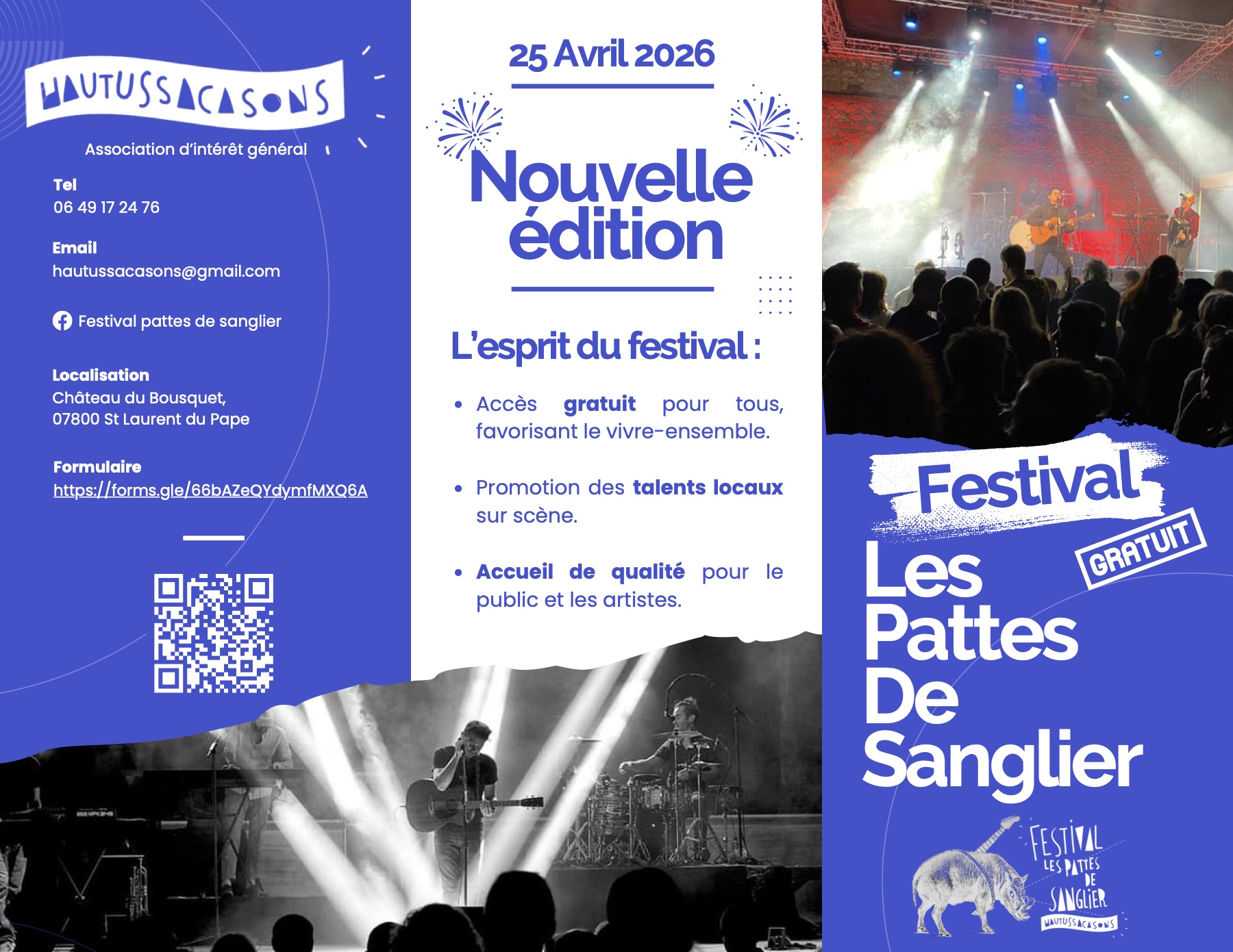 Brochure 2026 du Festival des Pattes de Sanglier, dépliant à trois volets bleu et blanc : couverture, esprit du festival et contacts de l'association